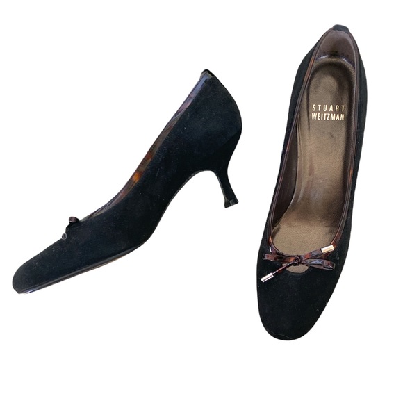 Stuart Weitzman Vintage Black Suede Tortoise Bow Kitten Heels Pumps - 5 - Picture 1 of 12